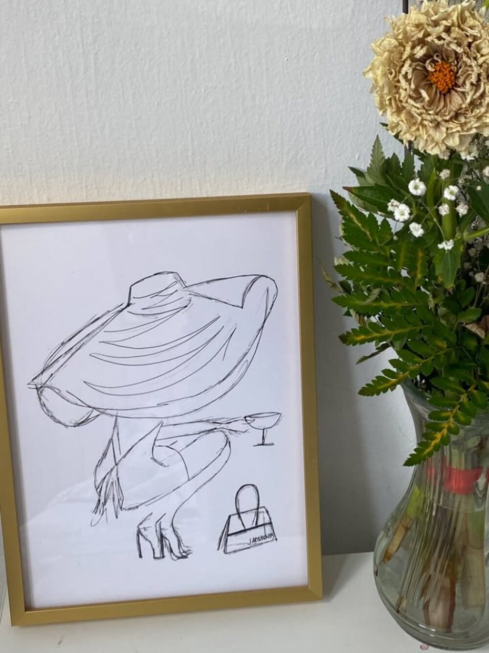 Medium Fashion Art Sketch of a Woman Wearing Jacquemus in Gold Frame